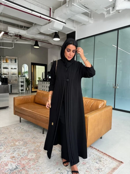 Black Crepe Abaya with Pleats Front IB207 Black